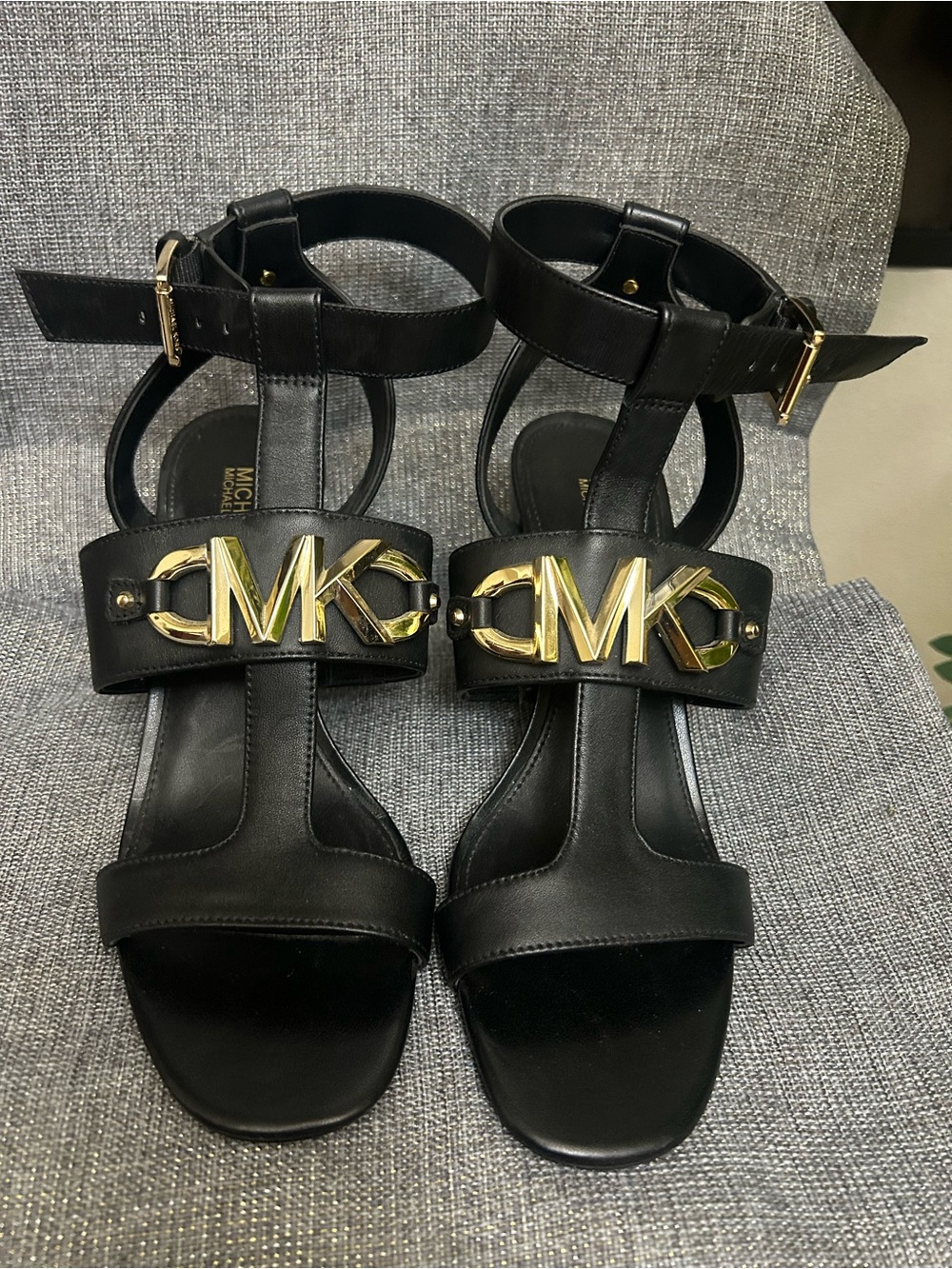 Michael Kors Black Leather Ankle-Strap Sandals with Gold MK Emblem